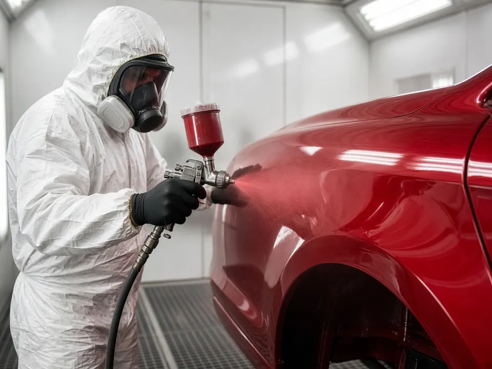 Illustrative paint booth refinishing a red panel